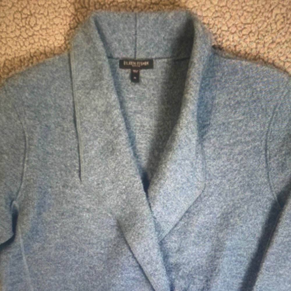 Eileen Fisher Wool Moto Jacket Cardigan Half Zip Blue LP 100% Merino Boiled Wool